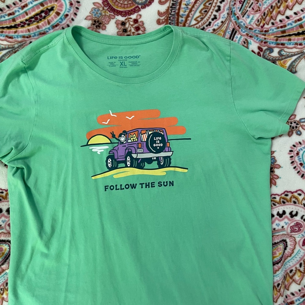 Life Is Good Green and Orange Short Sleeve Tee